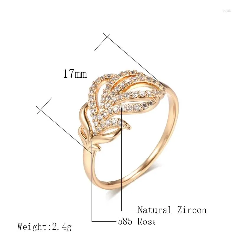 Cluster Rings Luxury Full Zircon Fashion Jewelry 585 Rose Gold Color Leaf Texture Women Finger Wedding Party Elegant Accessories