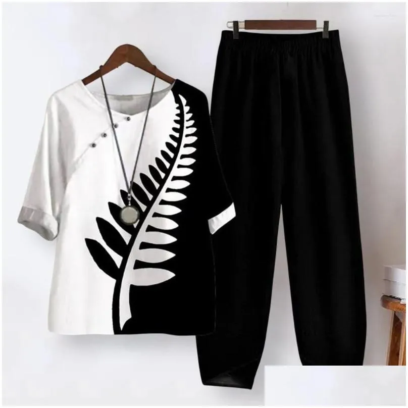 Women`s Two Piece Pants 1 Set Elegant Pullover Top Casual Daily Garment Soft Print Stitching Women Outfit