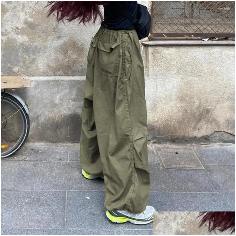 Women`s Pants Women Cargo Retro Gothic Streetwear Loose Low Waist Length Hip Hop Deep Crotch Elastic Lightweight Baggy Trousers