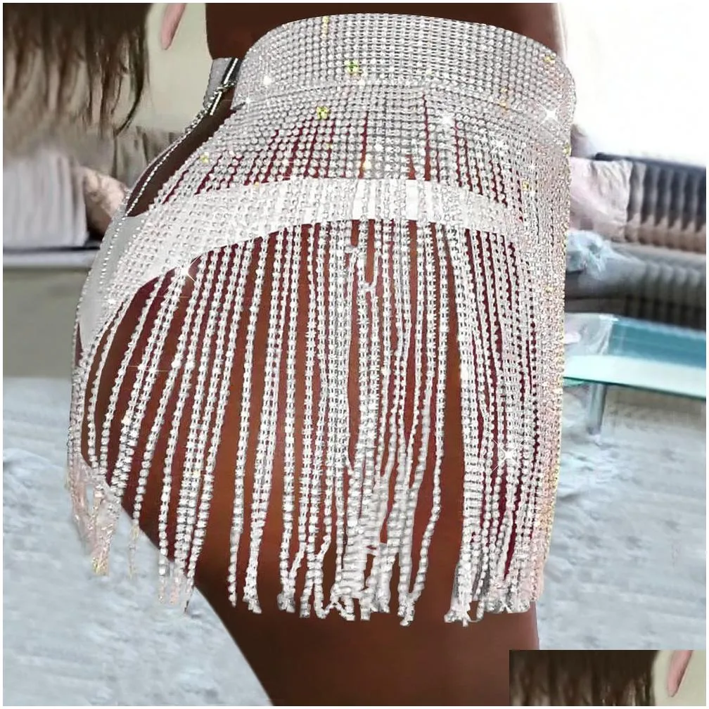 Skirts Itfab Summer Beach Bikini Mini Skirt Glitter Clothing Long Tassel Crystal Diamonds Adjustable Y 230112 Drop Delivery Dhjkv