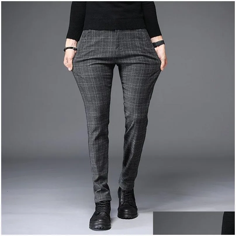 Men`S Pants Mens Black Plaid Trousers Spring And Autumn Fashion Slim Men Gray Stripe Slacks 2838 Pantalones Hombre 230307 Drop Delive Dhdnq