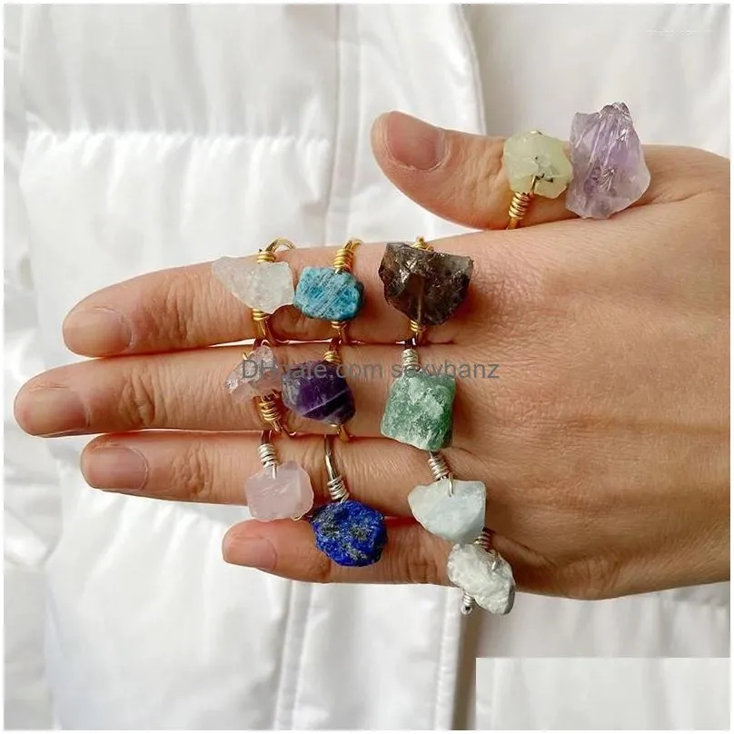 Other Cluster Rings Fashion Female Crystal Aventurine Gem Finger Rough Quartz Stone Ring Metal Hit For Women Girl Men Party Drop Del Dhcrg