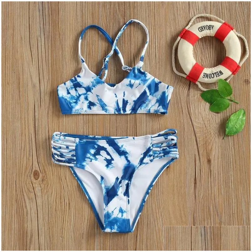 One Pieces 2Pcs Bikini Swimwear Kid Girl Fashion Swimsuit Color Block Criss-cross Spaghetti Strap Top Triangle Shorts Swimming Bathing