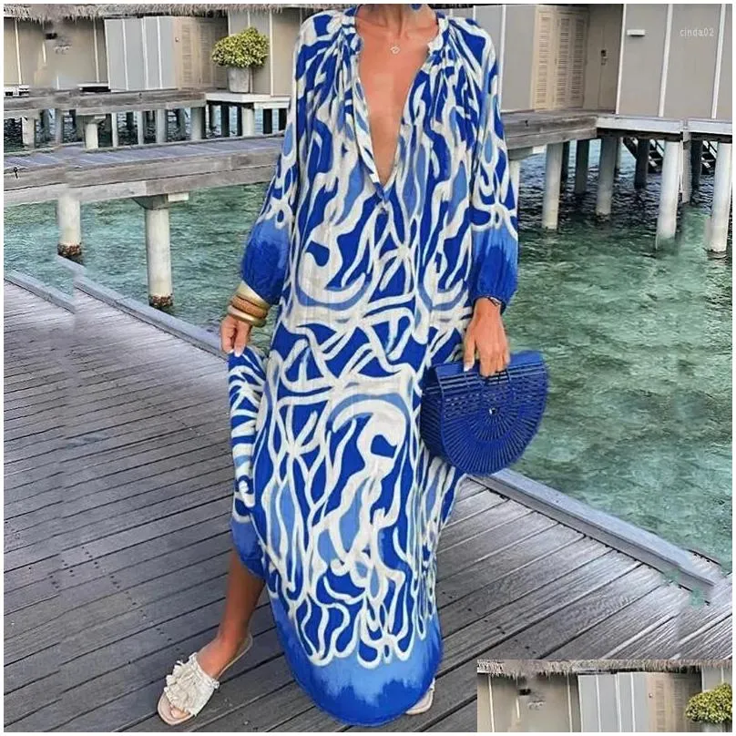 Casual Dresses Women Boho Print Loose Beach Elegant Retro Harajuku V-Neck Maxi Dress Sexy Long Sleeve Oversized