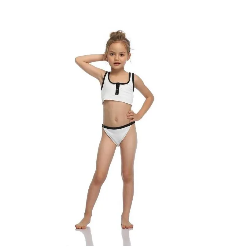 One-Pieces Girl 2021s Cute Two Piece Split Swimsuit  Solid Color Stitching Suspender Tops And Buckle Triangle Shorts