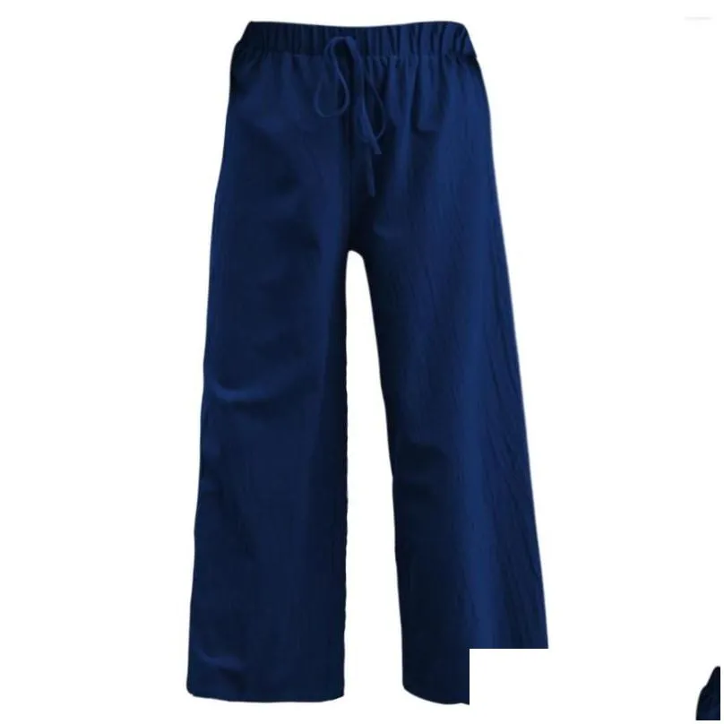 Women`s Pants For Women Casual Summer Linen Breathable Solid Elastic Waist Wide Leg Slacks Sweatpants Woman Trousers Pantalons