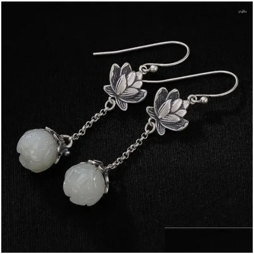 Dangle Earrings Chinese Style Hetian Jade Lotus For Women Retro Temperament Exquisite Jewelry