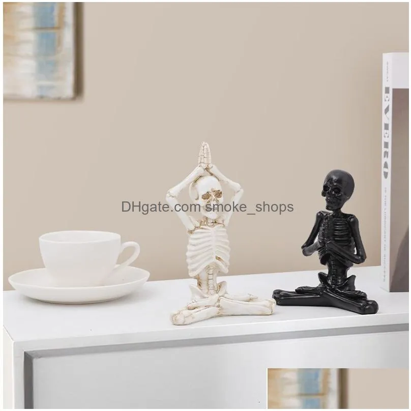 decorative objects figurines creative home decoration yoga skull statue gothic living room decor desk ornaments skeleton resin sculpture and gift