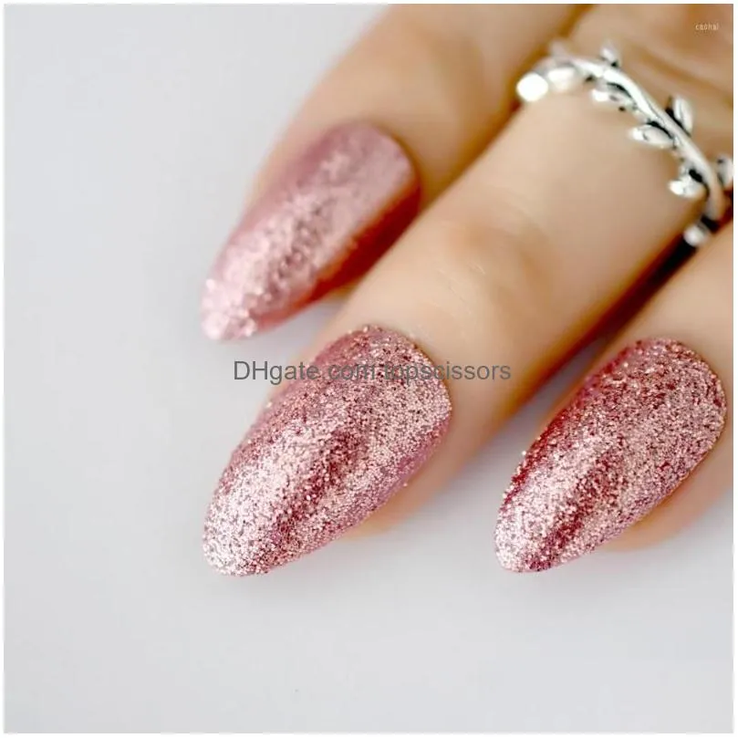 False Nails Gorgeous Rose Gold Almond Stiletto Fake Pointed Bling Glitter Press On Fl Er Daily Office Wear Tips Drop Delivery Dhvxy
