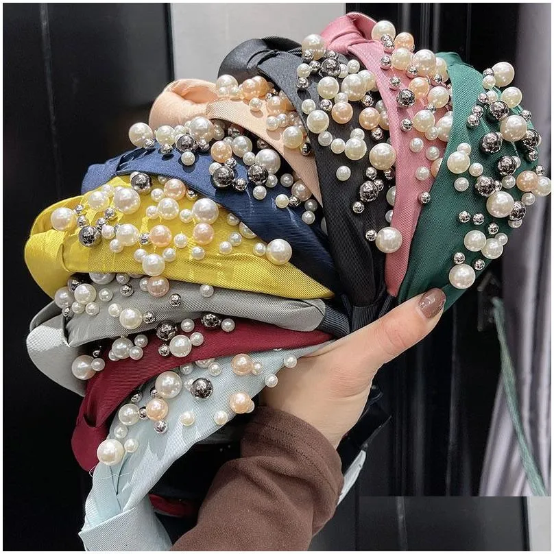 Fashion Pearl Hair Accessories Women Solid Color Fabric Knotted Headbands Size Pearl Hairband Boutique Girl Hair Hoop Headwear
