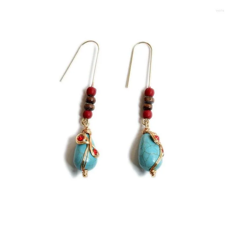 Dangle Earrings Tibetan Style Turquoise Water Drop National Bohemian Women`s