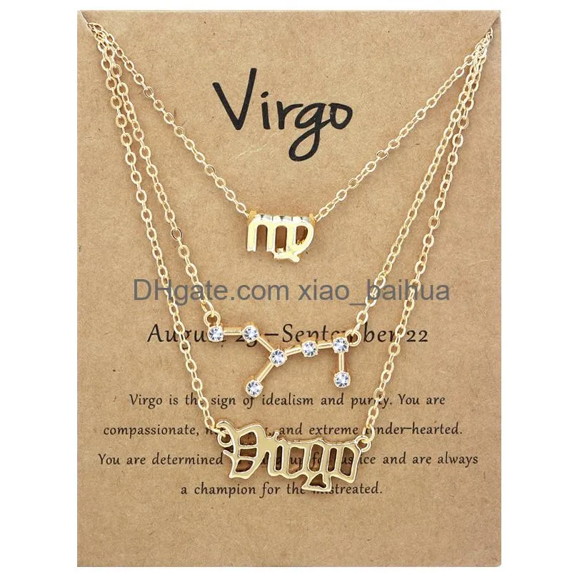 Pendant Necklaces 3Pcs/Set 12 Constellation Zodiac Sign Necklace Horoscope Zircon Jewelry Galaxy Libra Astrology Gift With Retail Drop Otkj0
