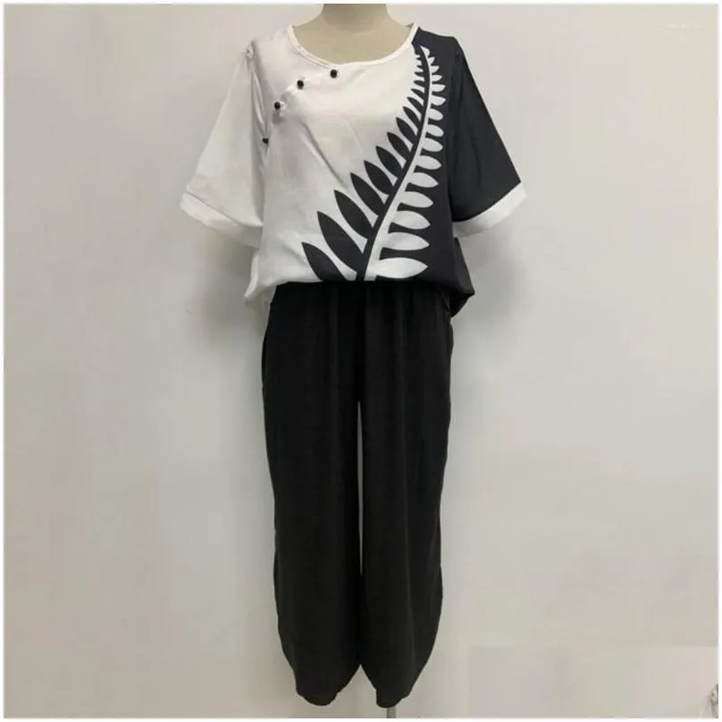 Women`s Two Piece Pants 1 Set Elegant Pullover Top Casual Daily Garment Soft Print Stitching Women Outfit