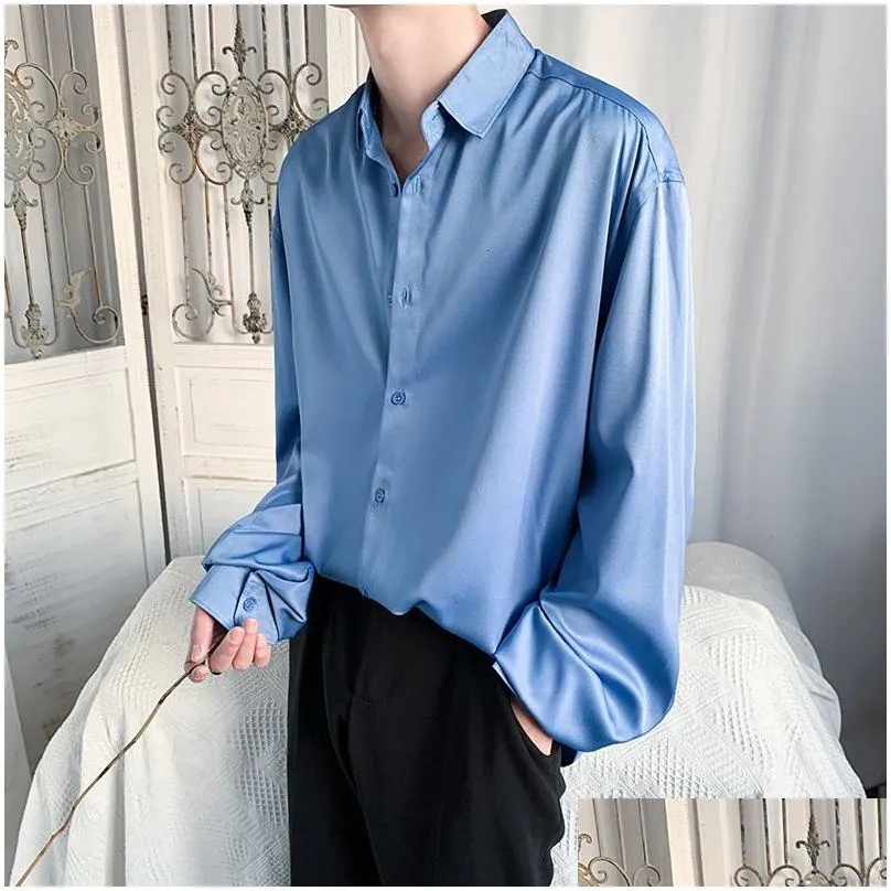 Men`S Casual Shirts Men S Shirt Long Sleeved Blouses Spring Autumn Korean Style Vintage Cardigan Top Solid Color Oversized Loose Male Dh3Lx