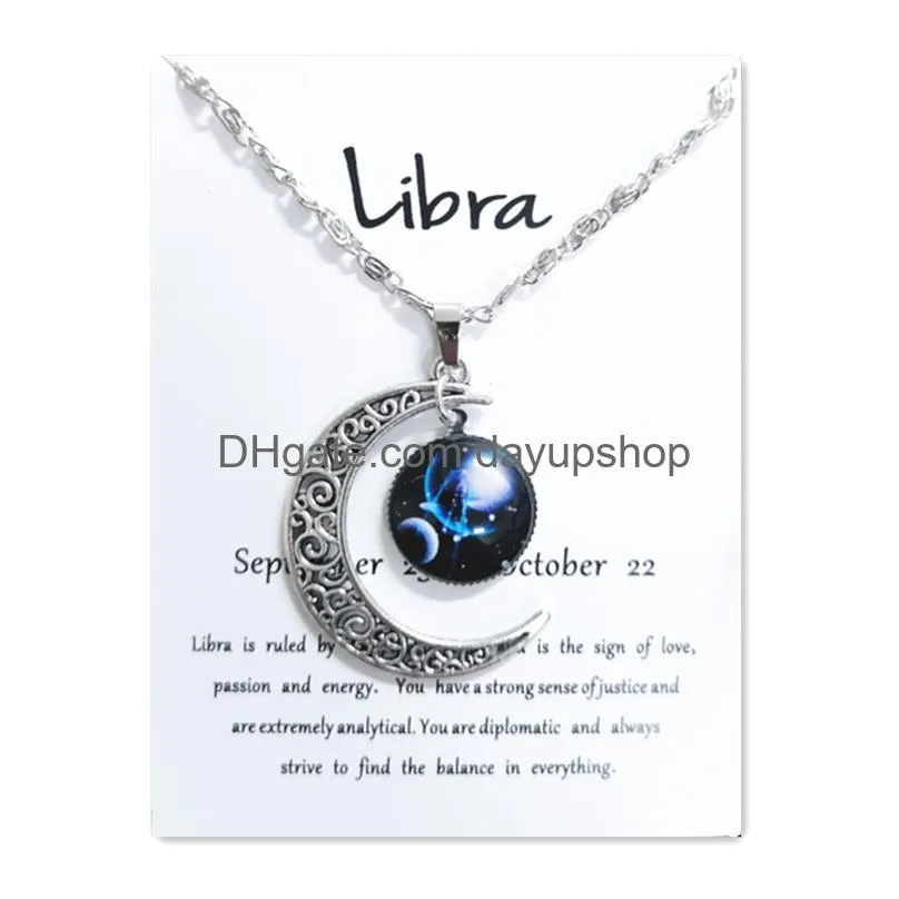 Pendant Necklaces Night Glow Retro Moon12 Constellation Zodiac Sign Necklace Horoscope Jewelry Galaxy Libra Astrology Gift With Retail Dhh4A
