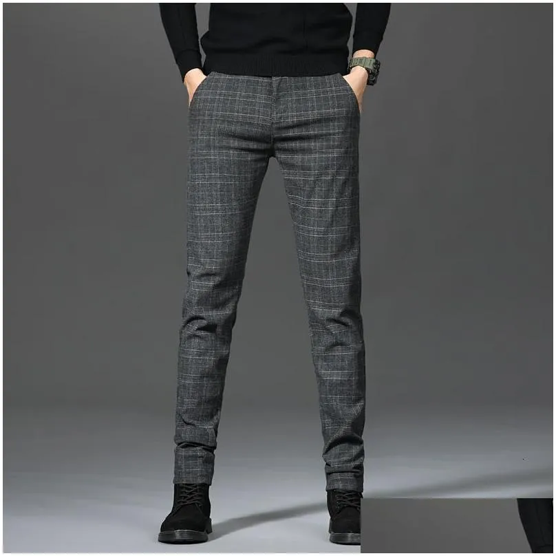 Men`S Pants Mens Black Plaid Trousers Spring And Autumn Fashion Slim Men Gray Stripe Slacks 2838 Pantalones Hombre 230307 Drop Delive Dhdnq