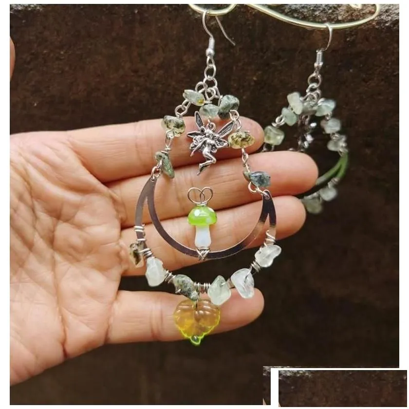 Dangle Chandelier Earrings Magic Olive Green Mushroom Standing On Moon Prehnite Cottagecore Jewelry Witchy Boho Drop Delivery Oti02