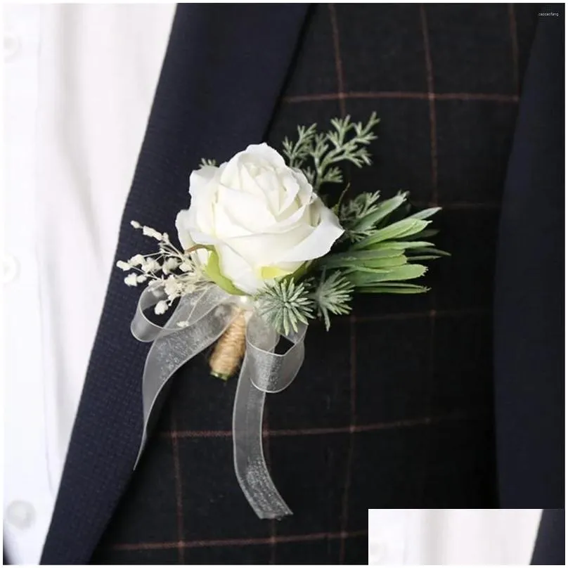 Decorative Flowers Ivory Rose Wrist Corsage Wristlet Band Bracelet And Men Boutonniere Set For White Wedding Accessories Prom Suit