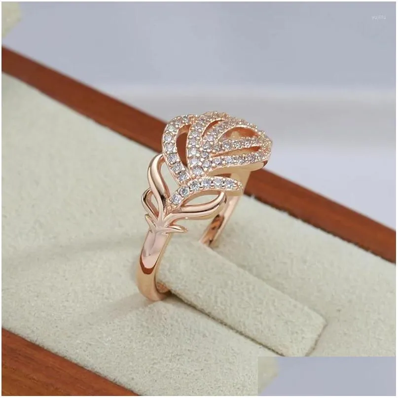 Cluster Rings Luxury Full Zircon Fashion Jewelry 585 Rose Gold Color Leaf Texture Women Finger Wedding Party Elegant Accessories