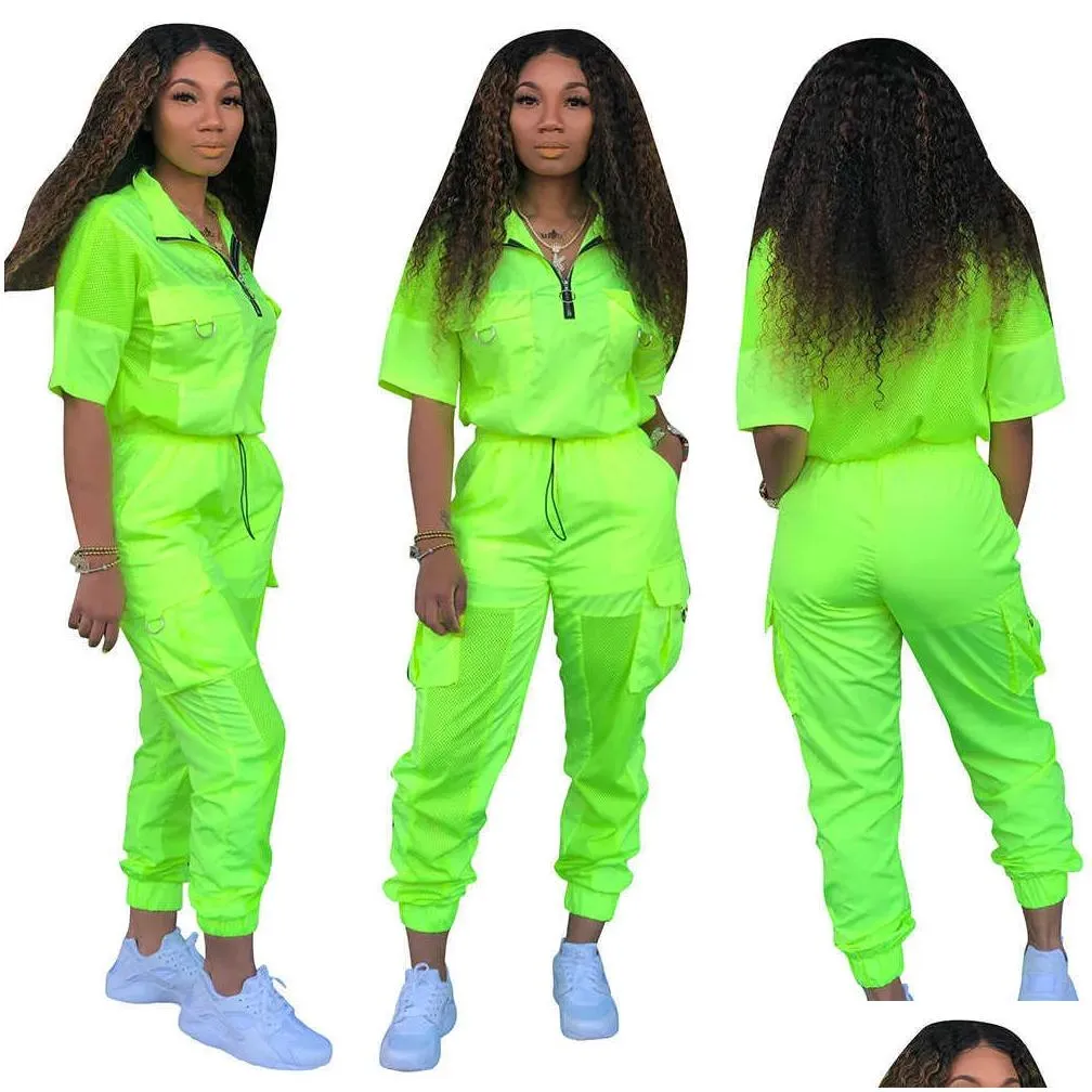 Women`S Two Piece Pants Neon Solid Sportwear Women Outfits Short Sleeve Zip Jacket Top Add Mesh Streetwear Tracksuit Matching Sets 21 Dh7Tj