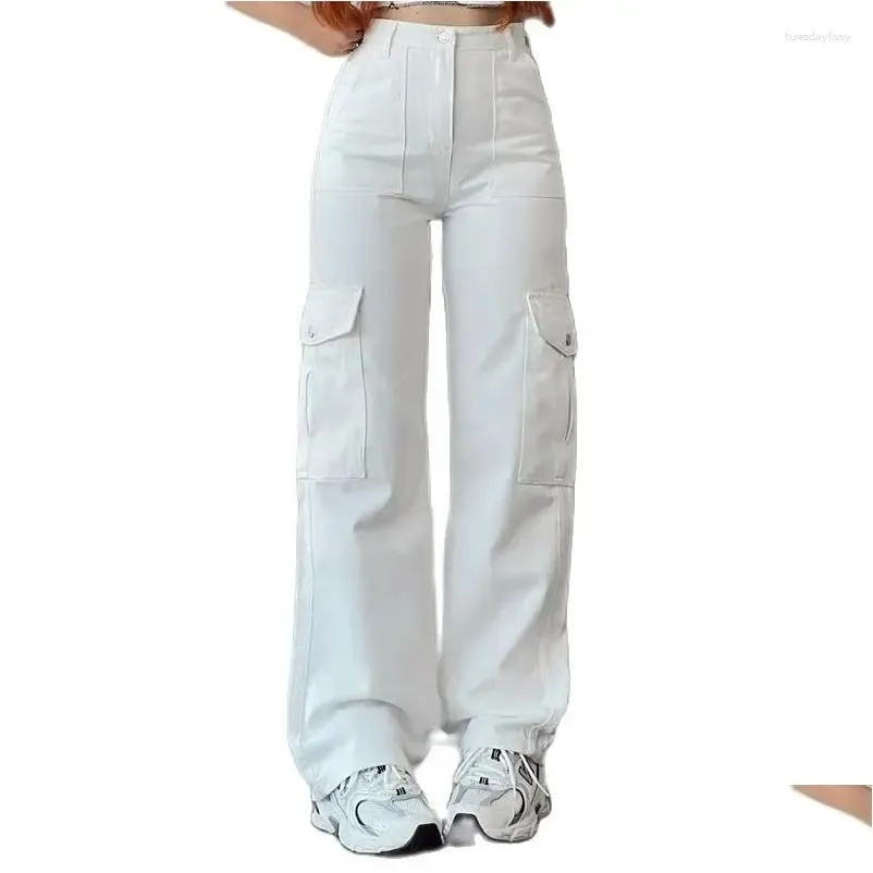 Women`s Pants Vintage Straight Style Baggy Trousers Casual Waist Pocket Denim Summer Y2k High Cargo 2023