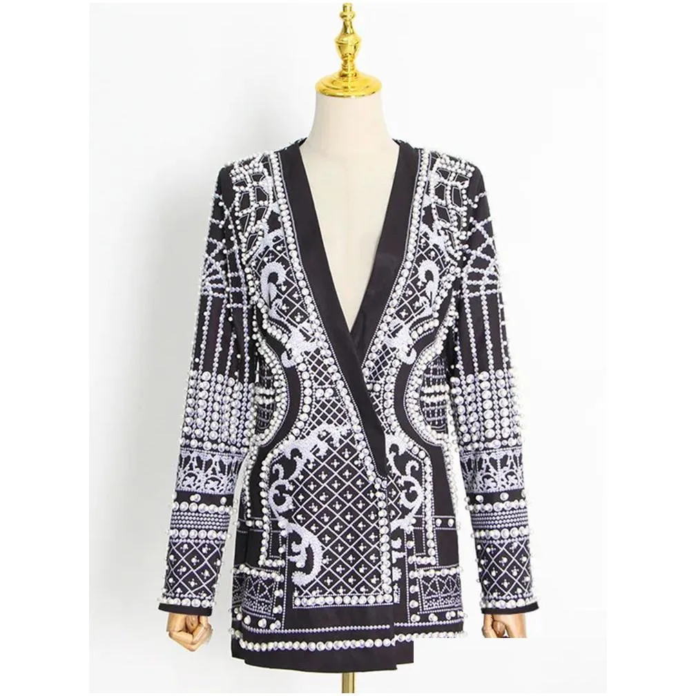 Women`S Suits & Blazers Womens High Street Est Stylish Designer Jacket V-Neck Long Sleeve Luxurious Metallic Beaded Blazer 231011 Dro Dh2Q1