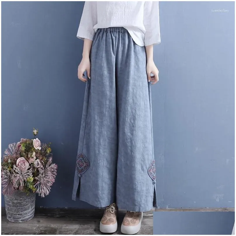 Women`s Pants Literature And Art Retro Loose Jacquard Wide Leg Embroidery Button Solid Color Casual Crop