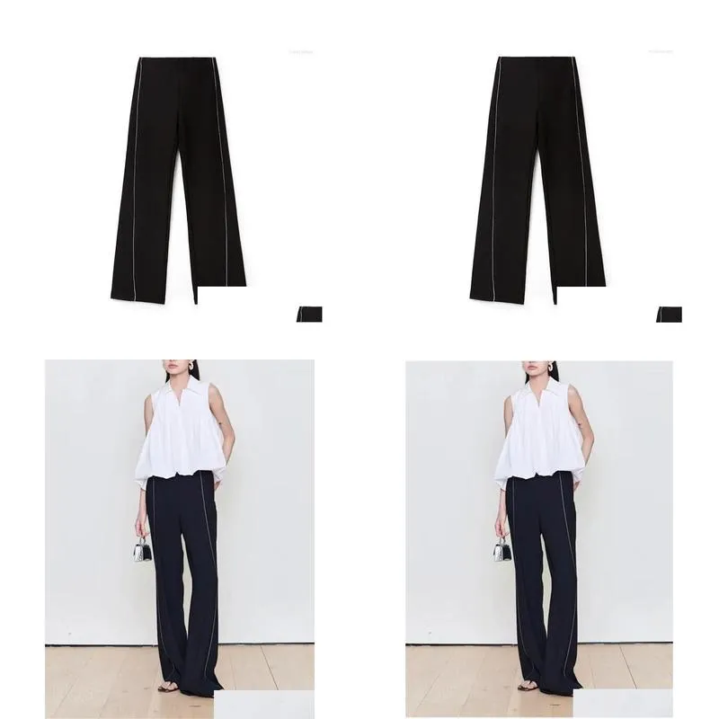 Women`s Pants Women Side Contrast Color Elastic Waist Casual Straight Female Black Long Trousers