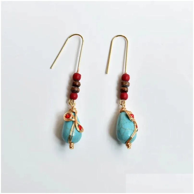 Dangle Earrings Tibetan Style Turquoise Water Drop National Bohemian Women`s