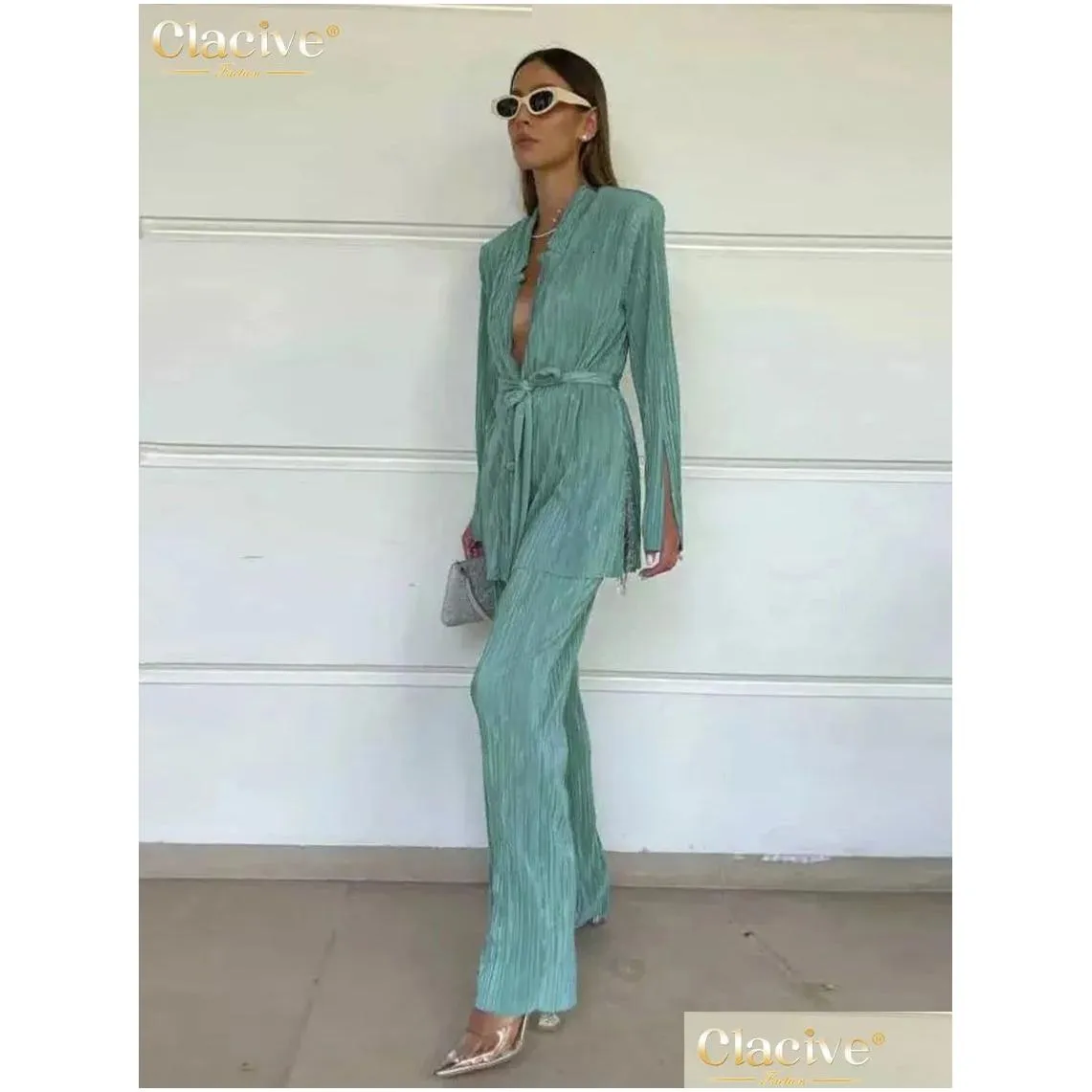 Women`S Plus Size Tracksuits Clacive Autumn Green Pleated Pants Set Bodycon Slit Trosuer Suits Fashion Lace-Up Long Sleeve Blazer 2 P Dh7Q2