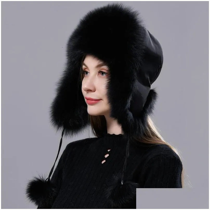 Trapper Hats Natural Fur Russian Tion Hat With Ears Ushanka Women Winter Warm Fluffy Stylish Female Tail Cap Fashion Real 221129 Drop Dha49