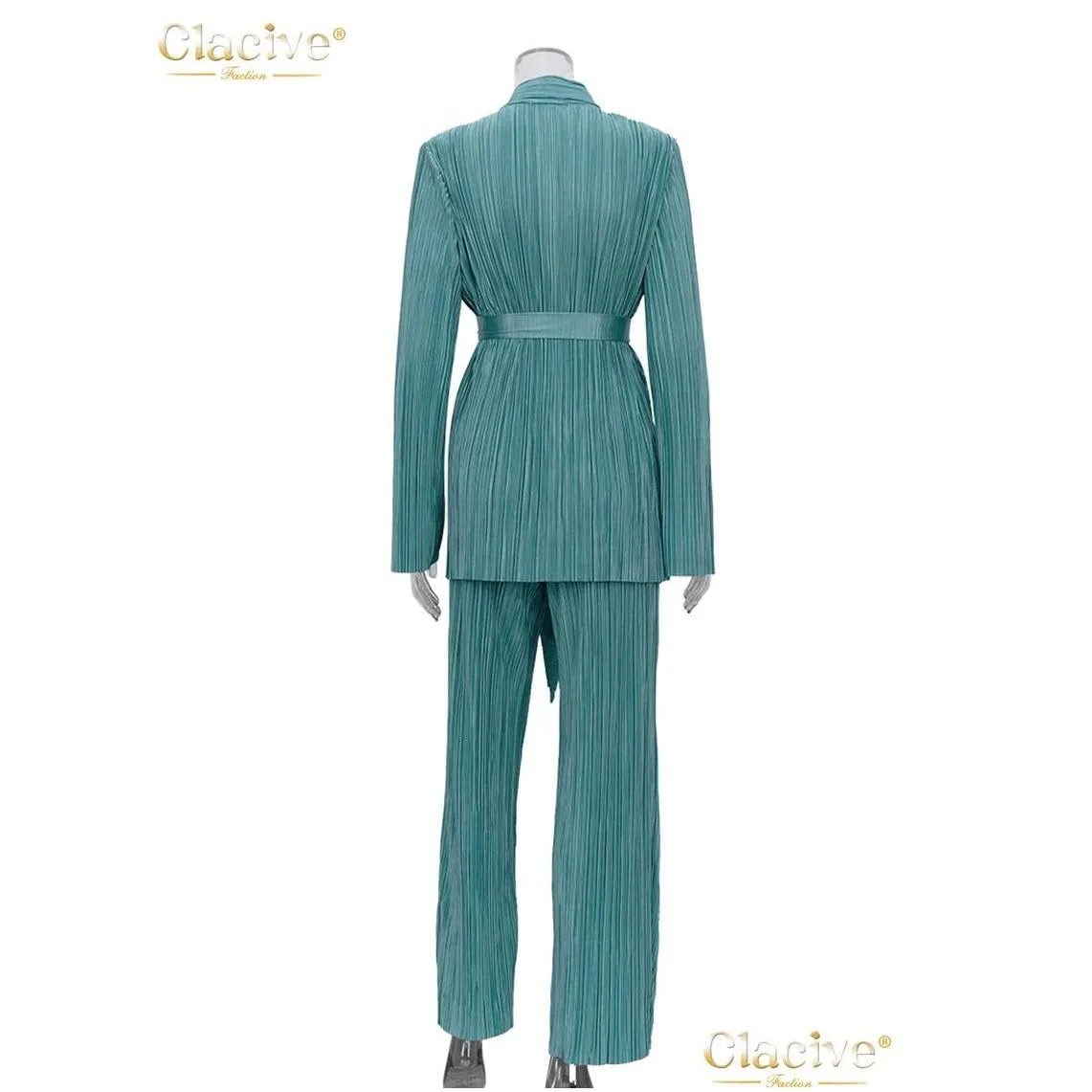 Women`S Plus Size Tracksuits Clacive Autumn Green Pleated Pants Set Bodycon Slit Trosuer Suits Fashion Lace-Up Long Sleeve Blazer 2 P Dh7Q2