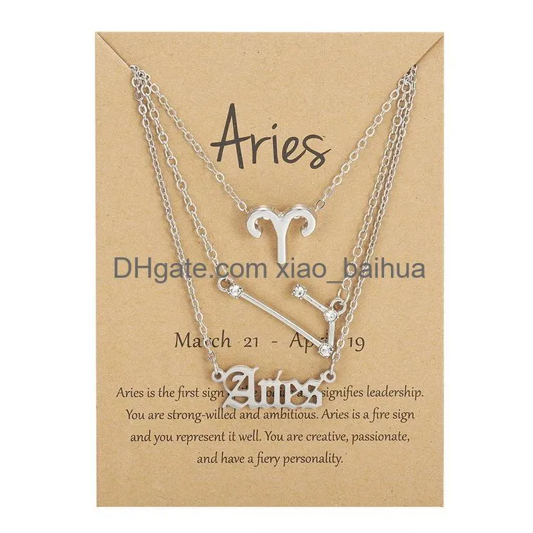 Pendant Necklaces 3Pcs/Set 12 Constellation Zodiac Sign Necklace Horoscope Zircon Jewelry Galaxy Libra Astrology Gift With Retail Drop Otwlk