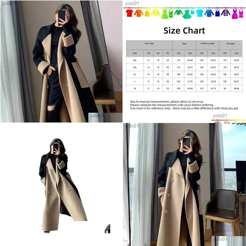 Women`s Wool Blends Women Overcoat Color Matching Double-breasted Winter Coat Mid Length Double-sided Turn-down Collar Lady Coat For