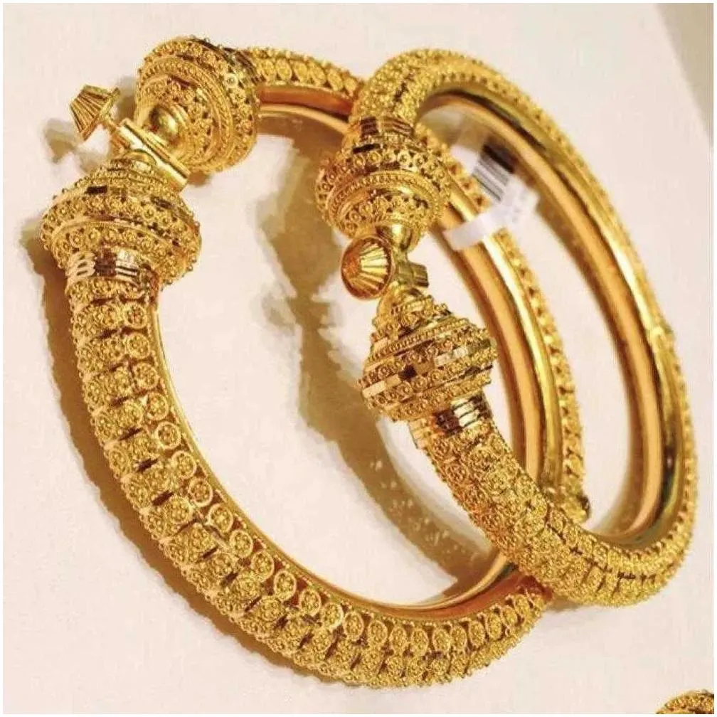 Bangle 24K Luxury Wedding Dubai Bangles Gold Color For Women Girls Bride India Bracelets Jewelry Gift Can Open 210713 Drop Delivery Dh9Ug