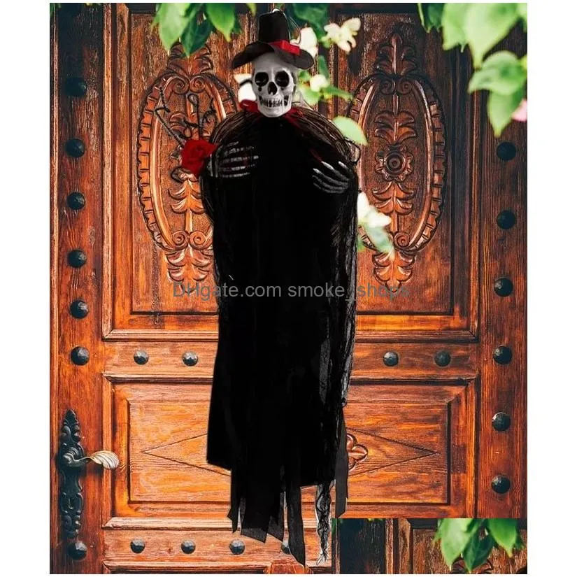 party masks 90cm halloween hanging skull black white rattan wreath haunted house props horror decoration home outdoor 230802