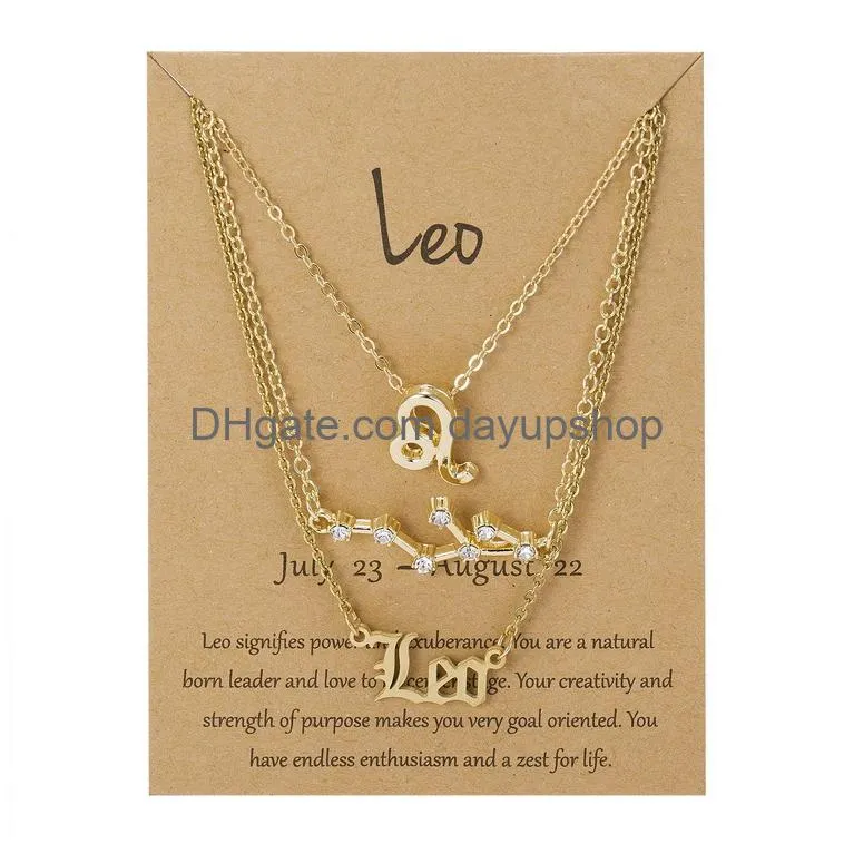 Pendant Necklaces 3Pcs/Set 12 Constellation Zodiac Sign Necklace Horoscope Zircon Jewelry Galaxy Libra Astrology Gift With Retail Drop Otvts
