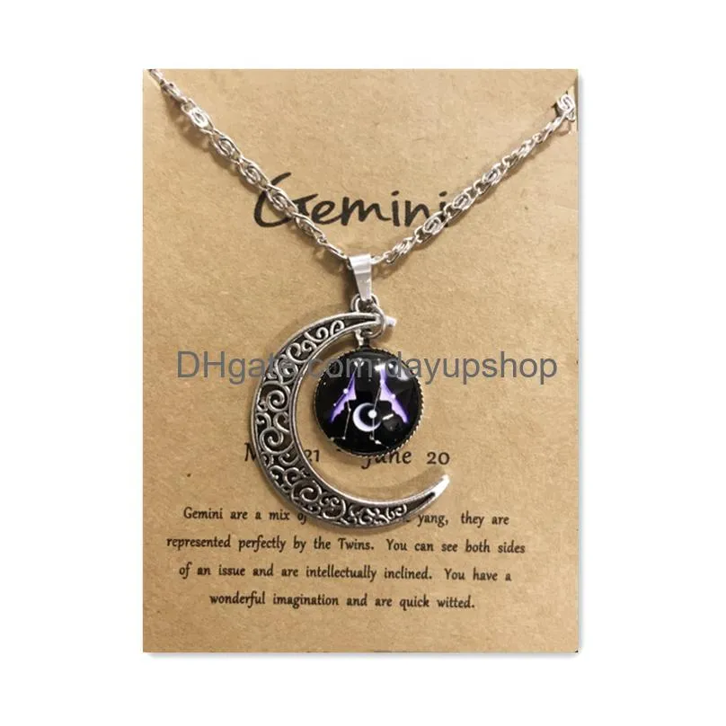 Pendant Necklaces Night Glow Retro Moon12 Constellation Zodiac Sign Necklace Horoscope Jewelry Galaxy Libra Astrology Gift With Retail Otxfh