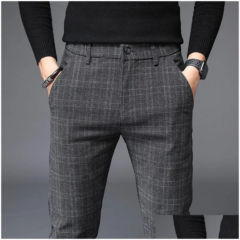 Men`S Pants Mens Black Plaid Trousers Spring And Autumn Fashion Slim Men Gray Stripe Slacks 2838 Pantalones Hombre 230307 Drop Delive Dhdnq
