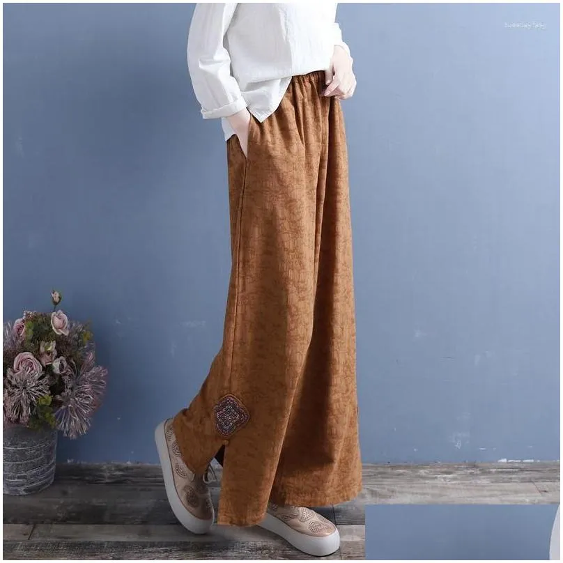 Women`s Pants Literature And Art Retro Loose Jacquard Wide Leg Embroidery Button Solid Color Casual Crop