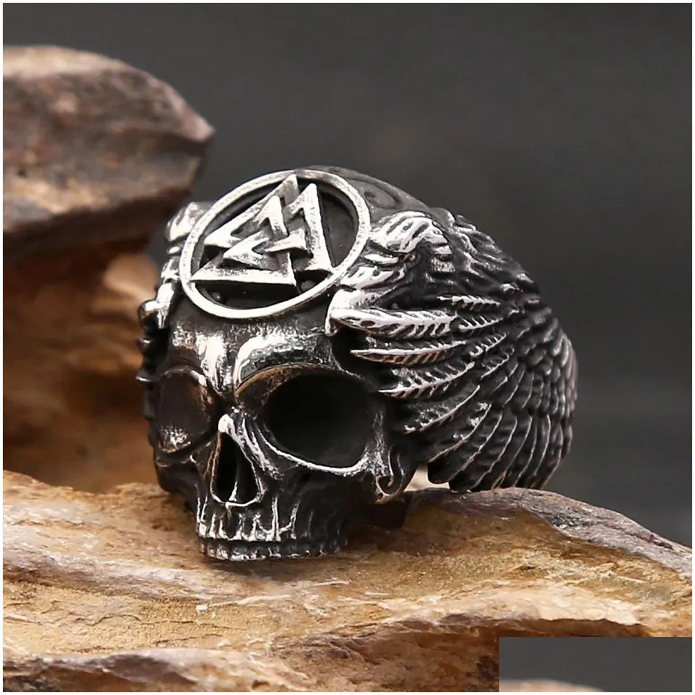 Vintage  Valknut Skull Ring For Men Punk Biker 14K Gold Crow Animal Rings Fashion Amulet Jewelry Gifts