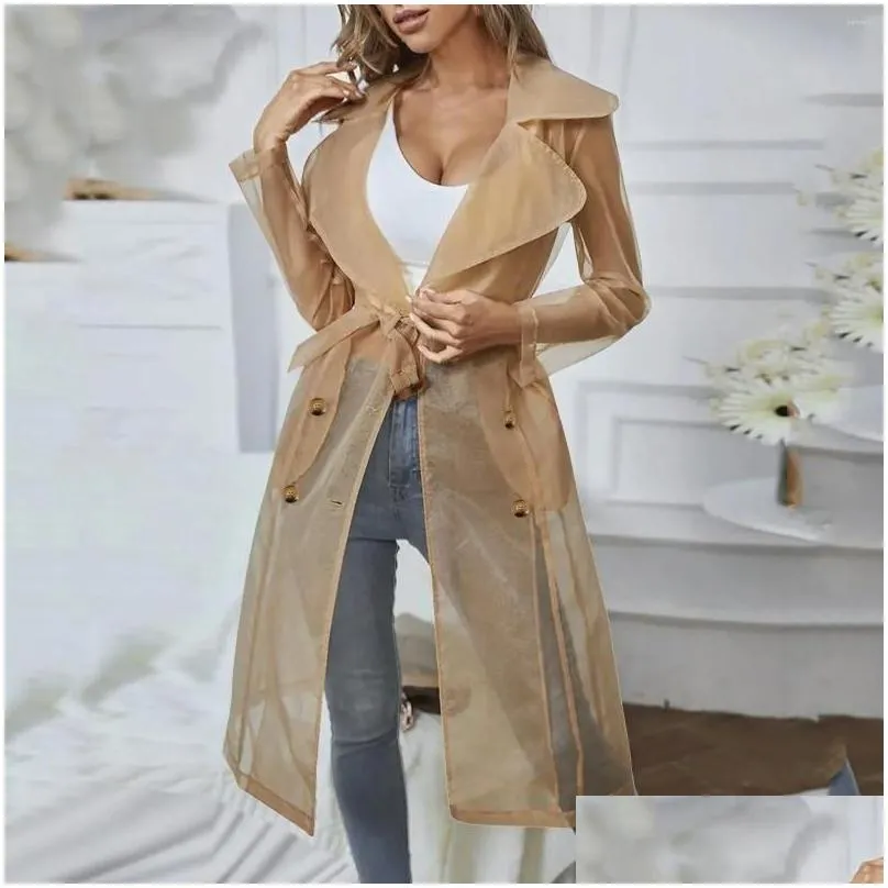Women`s Jackets Women Organza See Though Sunscreen Long Sleeve Trench Summer Autumn Fashion Double Breasted Coat With Belted Tops