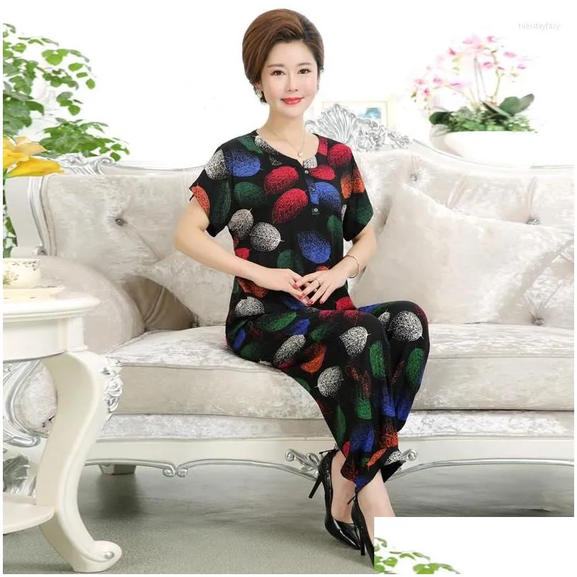 Women`s Two Piece Pants #1154 China Style 2 Sets Woman Tee Shirt And Suits Ladies Casual Loose Women Short Sleeve Printed Tshirts