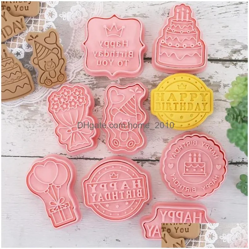 baking moulds 8pcs happy birthday cookie cutter plastic 3d stamp molds type party biscuit pastry bakeware accessories