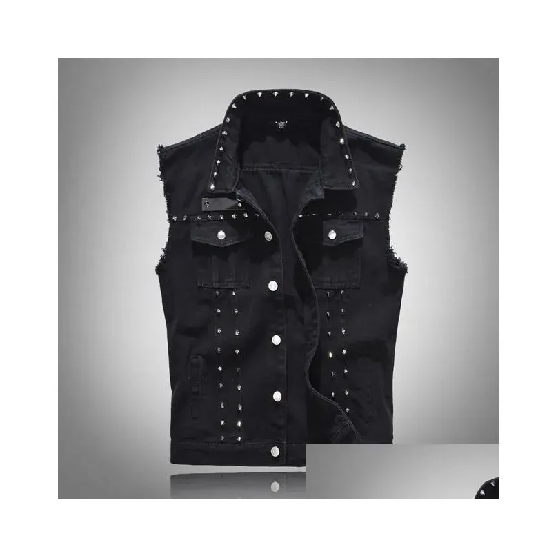 Men`S Vests Mens Denim Vest Punk Rock Rivet  Black Jeans Waistcoat Fashion Motorcycle Style Sleeveless Jacket M-5Xl 221122 Drop Dh3Tr