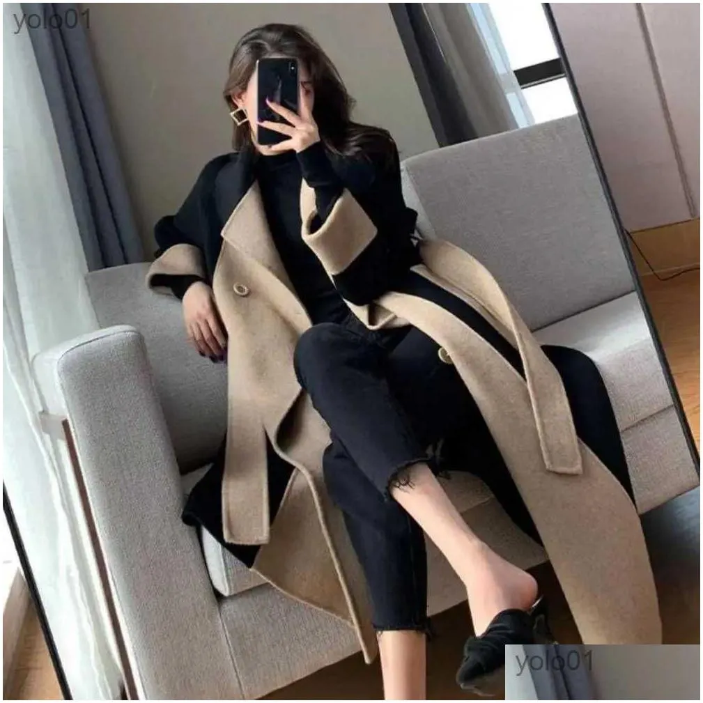 Women`s Wool Blends Women Overcoat Color Matching Double-breasted Winter Coat Mid Length Double-sided Turn-down Collar Lady Coat For