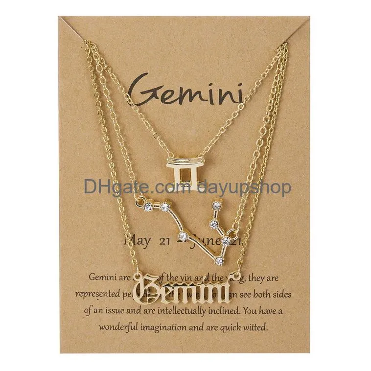 Pendant Necklaces 3Pcs/Set 12 Constellation Zodiac Sign Necklace Horoscope Zircon Jewelry Galaxy Libra Astrology Gift With Retail Drop Otvts