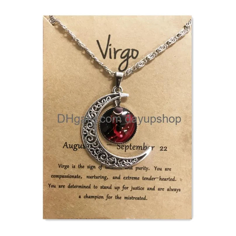 Pendant Necklaces Night Glow Retro Moon12 Constellation Zodiac Sign Necklace Horoscope Jewelry Galaxy Libra Astrology Gift With Retail Dhh4A