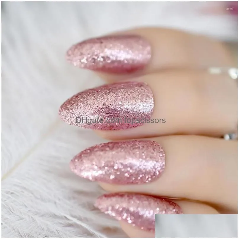 False Nails Gorgeous Rose Gold Almond Stiletto Fake Pointed Bling Glitter Press On Fl Er Daily Office Wear Tips Drop Delivery Dhvxy