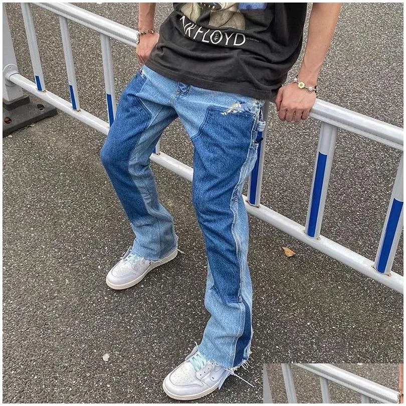 High Street Color Spliced Washed Jeans Mens Oversize Wide Leg Straight Denim Flare Pants Retro Loose Casual Trousers